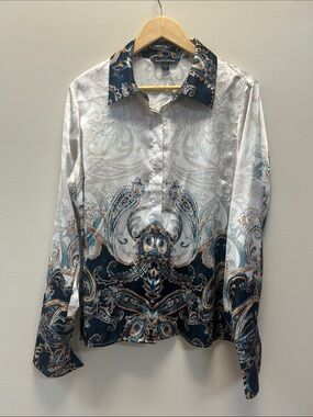 Boston Proper Paisley-Print Satin Button-Up Blouse - Cream & Teal